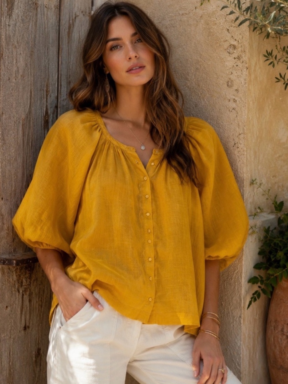 Sundance Yellow Puff Sleeve Button-Front linen Top